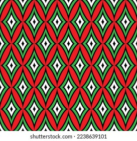 Colorful ellipse shape with a colored diamond shape on a red background. Green and white rhombus on a red background. Christmas color theme backdrop.