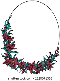 Colorful elliptic vector floral frame of lilies and foliage