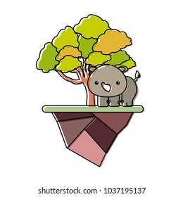Colorful elm tree, kawaii rhinoceros and earth piece  vector illustration