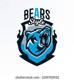 Colorful emblem, badge, log of a growling bear. Dangerous predator, an animal of the forest, printing on T-shirts. Shield, lettering, vector illustration