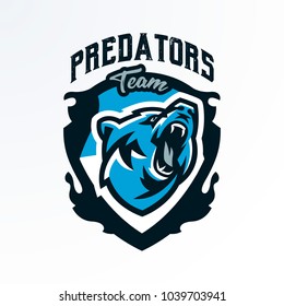 Colorful emblem, badge, log of a growling bear. Dangerous predator, an animal of the forest, printing on T-shirts. Shield, lettering, vector illustration