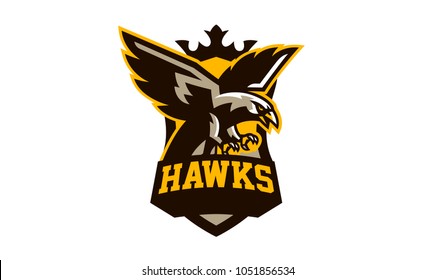 Colorful emblem, badge, logo of flying eagle. Bird, hunter, predator, dangerous animal, shield, lettering. Mascot sports club, vector illustration