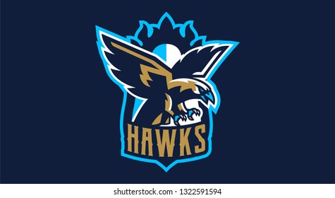 Colorful emblem, badge, logo of flying eagle. Bird, hunter, predator, dangerous animal, shield, lettering. Mascot sports club, vector illustration
