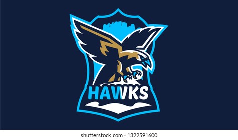 Colorful emblem, badge, logo of flying eagle. Bird, hunter, predator, dangerous animal, shield, lettering. Mascot sports club, vector illustration