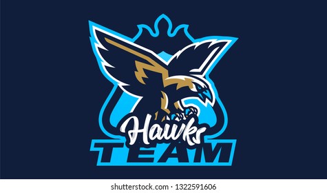 Colorful emblem, badge, logo of flying eagle. Bird, hunter, predator, dangerous animal, shield, lettering. Mascot sports club, vector illustration