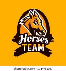 Colorful emblem, badge, logo, horse head. Stallion, animal, pony, sports club, shield, lettering. Vector illustration