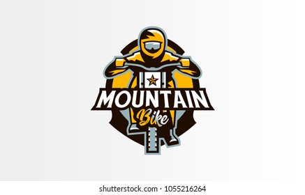 Colorful emblem, badge, logo of the rider riding a mountain bike. Bicycle, transport, downhill, freeride, extreme, sports. T-shirt printing, vector illustration.
