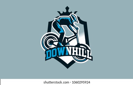 Colorful emblem, badge, logo of a rider on a mountain bike. Bicycle, transport, downhill, freeride, extreme, sports. T-shirt printing, vector illustration.