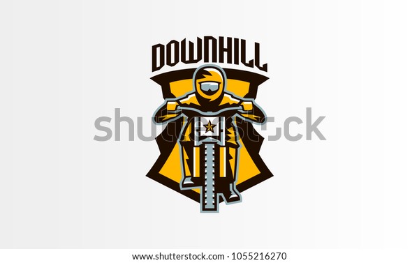 Colorful emblem, badge, logo of the\
rider riding a mountain bike. Bicycle, transport, downhill,\
freeride, extreme, sports. T-shirt printing, vector\
illustration.
