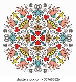 Colorful Emblem with Flowers and Hearts. Round decorative design element. Floral pattern, luxury style. Vintage design. Royal flourish motif for brand design, business card, coat of arms. Vector lines