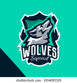 Colorful emblem of the howling wolf. Logo, badge of the wild beast, dangerous animal, aggressive predator. Identity sports club, vector illustration