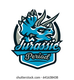 Colorful emblem, logo, dinosaur of the Jurassic period. Triceratops, badge, shield. Vector illustration