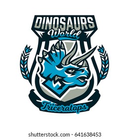 Colorful emblem, logo, dinosaur of the Jurassic period. Triceratops, badge, shield. Vector illustration