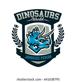 Colorful emblem, logo, dinosaur of the Jurassic period. Triceratops, badge, shield. Vector illustration