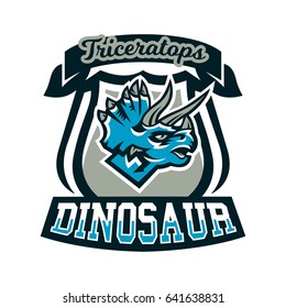 Colorful emblem, logo, dinosaur of the Jurassic period. Triceratops, badge, shield. Vector illustration