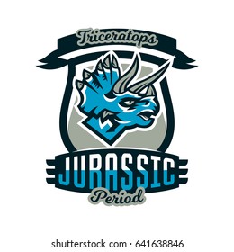 Colorful emblem, logo, dinosaur of the Jurassic period. Triceratops, badge, shield. Vector illustration