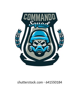 Colorful emblem, logo, military skull in helmet and gas mask. Military actions, conflict, war, soldier, warrior, sport, shield. Vector illustration, isolated objects