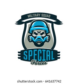 Colorful emblem, logo, military skull in helmet and gas mask. Military actions, conflict, war, soldier, warrior, sport, shield. Vector illustration, isolated objects