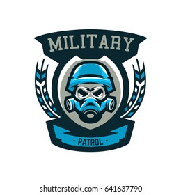 Colorful emblem, logo, military skull in helmet and gas mask. Military actions, conflict, war, soldier, warrior, sport, shield. Vector illustration, isolated objects