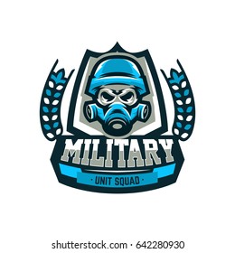 Colorful emblem, logo, military skull in helmet and gas mask. Military actions, conflict, war, soldier, warrior, sport, shield. Vector illustration, isolated objects