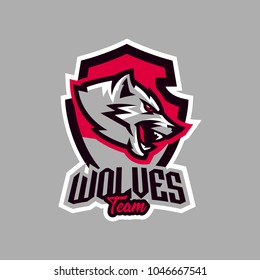 Colorful emblem, logo, snarling wolf. An aggressive predator, an animal from the forest, a coyote, a dangerous beast, a head, a mascot. Sport Identity, T-shirt printing, vector illustration