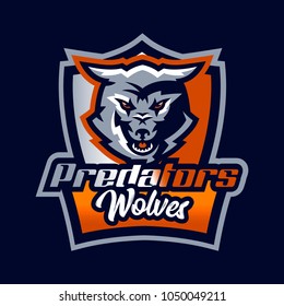 Colorful emblem, logo, snarling wolf. An aggressive predator, an animal from the forest, a coyote, a dangerous beast, a head, a mascot. Sport Identity, T-shirt printing, vector illustration