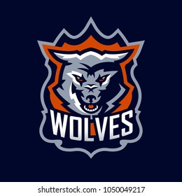 Colorful emblem, logo, snarling wolf. An aggressive predator, an animal from the forest, a coyote, a dangerous beast, a head, a mascot. Sport Identity, T-shirt printing, vector illustration