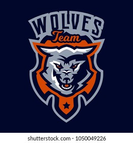 Colorful emblem, logo, snarling wolf. An aggressive predator, an animal from the forest, a coyote, a dangerous beast, a head, a mascot. Sport Identity, T-shirt printing, vector illustration
