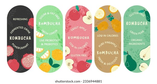 Conjunto de emblemas coloridos para el diseño del paquete kombucha. Colección de etiquetas con frutos planos, ilustración vectorial. Etiqueta de marca para bebidas fermentadas, publicidad de productos naturales