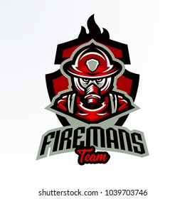 Colorful emblem, sticker, badge, logotype of a firefighter in a gas mask. Rescue unit, protective equipment, uniform, fire, service, shield, lettering. Vector illustration, printing on T-shirts