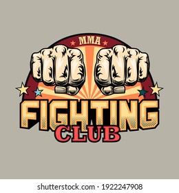 Colorful emblem with two human fists vector illustration. Retro label for fighting club. Sport activity, MMA or martial arts concept can be used for retro template, banner or poster