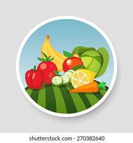 Colorful Emblem of Vegetables and fruits. Vector illustration, images isolated on gray background. 