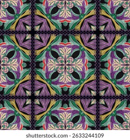 Colorful embroidered geometric seamless vector pattern with floral and leaf motifs in vivid threads on black background. Traditional ornamental textile design. Endless  texture. Ethnic ornaments.