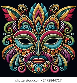 Colorful embroidered ornamental surface 3d mask with bright feathers, stitching lines, swirls, decorative patterns. Isolated patterned festive vector mask on black background. Embroidery texture.