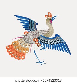 Colorful embroidered peacock, vibrant blue wings and orange tail feathers, showcasing intricate embroidery details and elegant peacock design. Vintage art drawing illustration, painting art vector.