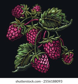 Colorful embroidery 3d berries branches pattern background illustration. Textured stitching berries ornament. Tapestry decorative red strawberries with  leaves. Modern beautiful design. Grunge texture