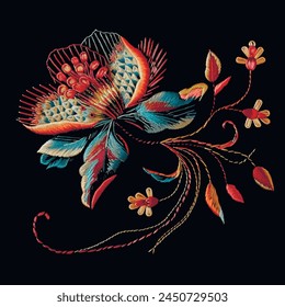 Colorful embroidery 3d blossom flowers with stamens, leaves. Line art embroidered japanese style isolated stitch lines blooming flowers on black background. Vector floral textured ornate design.