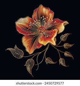 Coloridas flores de flor de bordado 3d con estambres de oro, hojas. Línea de arte bordado estilo japonés líneas de costura aisladas floreciendo flores sobre fondo negro. Vector floral texturizado diseño ornamentado.