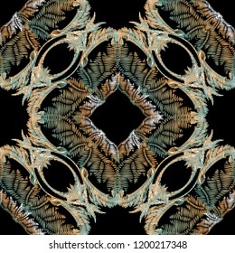 Colorful embroidery Baroque seamless pattern. Vector ornamental textured 3d background. Tapestry floral Damask ornament in baroque Victorian style. Embroidered decorative design. Grunge ornate texture
