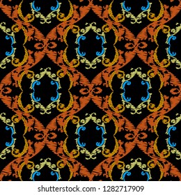 Colorful embroidery Baroque seamless pattern. Vector ornamental textured background. Tapestry floral Damask  ornament in baroque Victorian style. Embroidered decorative design. Grunge endless texture