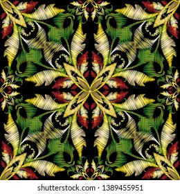 Colorful embroidery Baroque seamless pattern. Vector ornamental textured background. Tapestry floral Damask  ornament in baroque Victorian style. Embroidered decorative design. Grunge rich texture