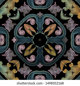 Colorful embroidery Baroque seamless pattern. Vector ornamental textured background. Tapestry floral Damask ornament in old baroque Victorian style. Embroidered flowers design. Grunge ornate texture.