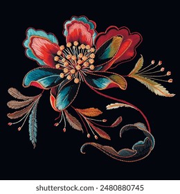 Colorful embroidery beautiful 3d blossom flowers with stamens, leaves. Line art embroidered japanese style stitch lines blooming flowers on black background. Vector floral textured ornate design.