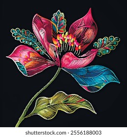 Colorful embroidery beautiful 3d bright blossom flower with stamens, leaves. Line art embroidered japanese style stitch lines blooming flowers on black background. Vector floral textured ornate design