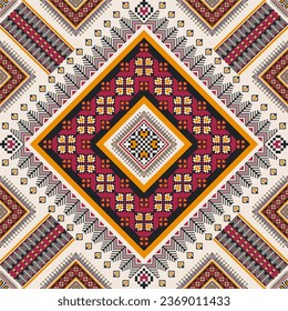 Colorful embroidery ethnic geometric pattern. Vector geometric square floral shape seamless pattern pixel art style. Ethnic geometric pattern use for fabric, textile, home decoration elements, etc.