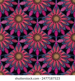 Motif harmonieux de mandalas 3 d floral broderie colorée. Tapisserie de surface, arrière-plan ethnique  Image vectorielle. Bel ornement floral carrelé à texture. Lignes de couture grunge, cercles, cadres, bordures, fleurs.