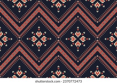 Colorful embroidery floral ethnic pattern. Vector geometric floral diamond shape seamless pattern pixel art style. Ethnic floral stitch pattern use for textile, home decoration elements, upholstery.