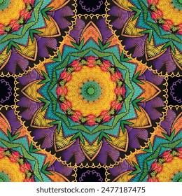 Colorful embroidery floral mandalas seamless pattern. Surface tapestry ethnic vector background. Beautiful textured tiled floral ornaments. Grunge stitching lines, circles, frames, borders, flowers.