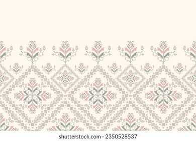 Colorful embroidery floral pattern. Vector geometric floral square shape seamless pattern pixel art style. Geometric floral stitch pattern use for textile, wallpaper, cushion, carpet, upholstery, etc.