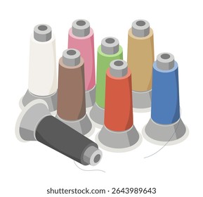 Fios coloridos da máquina de bordado dispostos em várias carretéis para decoração de vestuário de artesanato têxtil e trabalho de costura profissional